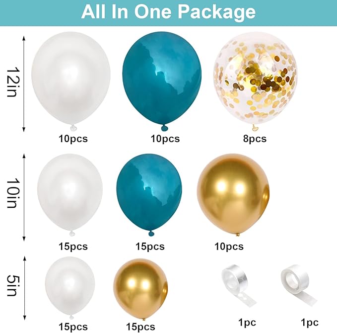 Matte Turquoise Blue Pearl White Balloons Garland Arch Kit Metallic Gold Balloon with Gold Confetti Latex Balloon Teal Blue Balloons Chrome Gold Party Decorations Supplies Birthday Baby Shower