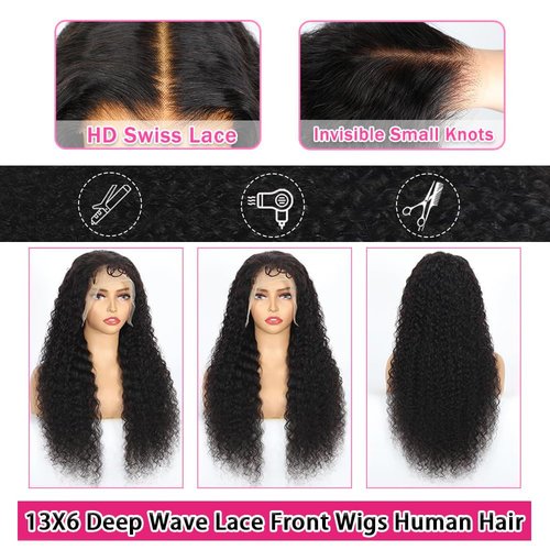 YJVMR 22 Inch Deep Wave Lace Front Wigs Human Hair 13x6 HD Lace Front Wigs Human Hair Pre Plucked Curly Wig 200 Density Glueless Frontal Wigs for Women