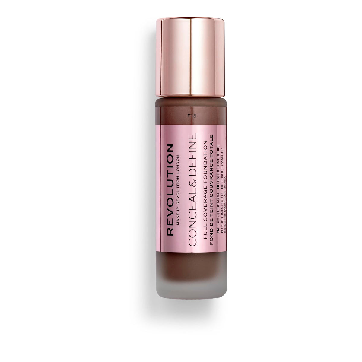 Revolution Beauty London, Conceal & Define Foundation, Full Coverage, Long-Lasting Matte Finish, Vegan & Cruelty-Free, F18 Dark Skin Tones, 0.8 fl oz