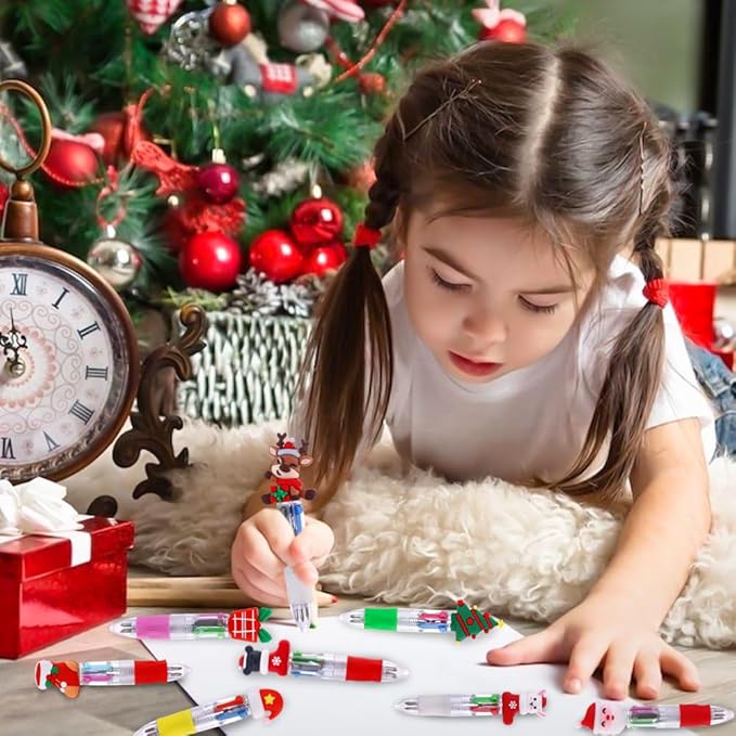 24PCS Christmas Multicolor Ballpoint Pens 4 Colors in 1, Retractable 0.7mm Cartoon Cute Fun Pens Santa Snowman Writing Pens for Holiday Party School Supplies Students Rewards