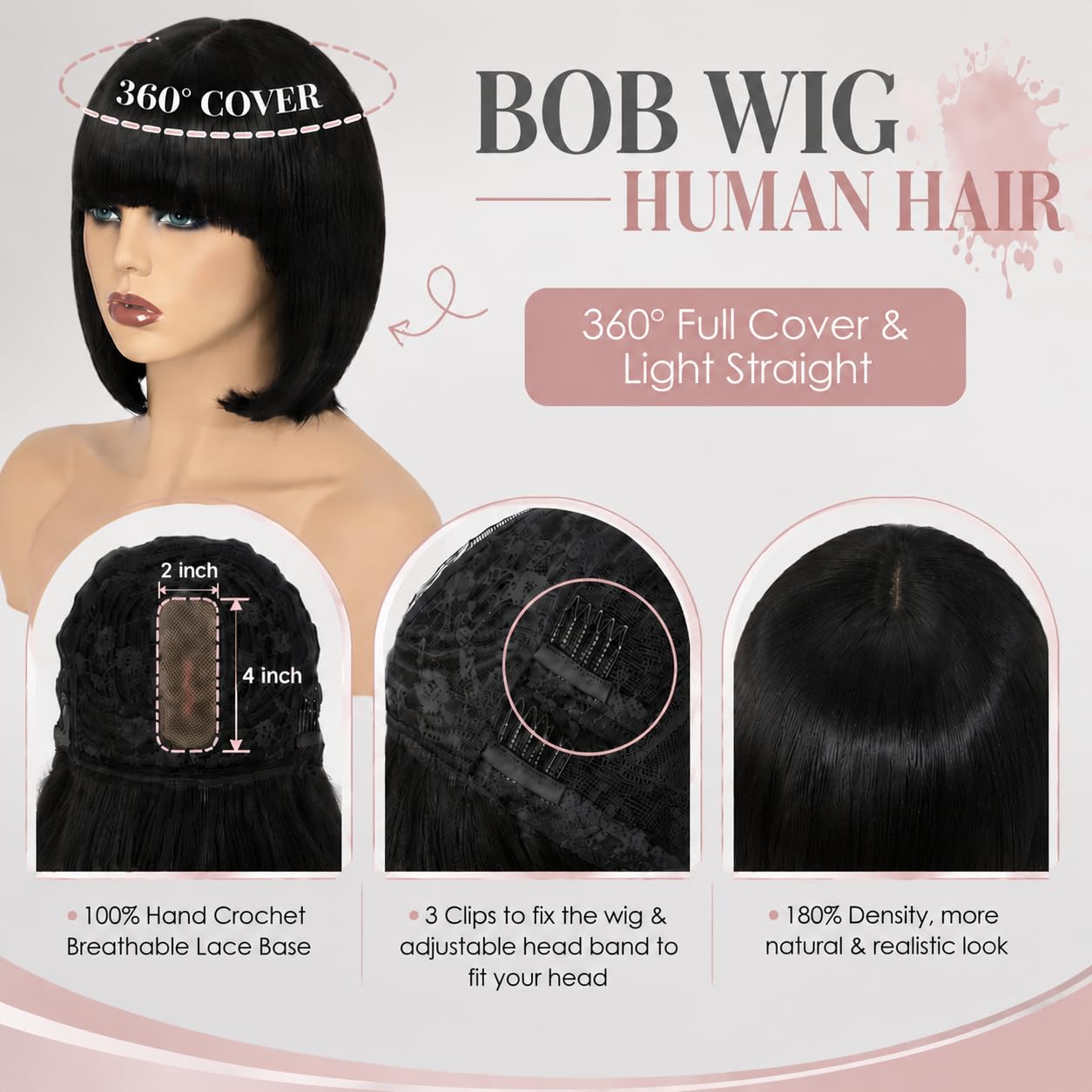 Adyutrlia Straight Bob Wig Human Hair With Bangs Glueless 2x4 HD Lace Colsure Wigs, Ready to Go Human Hair Wig Short Wigs Human Hair For Women Beginner Friendly (Natural Black, 10 Inch)