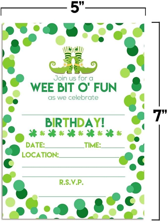 Amanda Creation Wee Bit O' Fun St. Patrick's Day Themed Birthday Party Fill In Invitations set of 20 with envelopes
