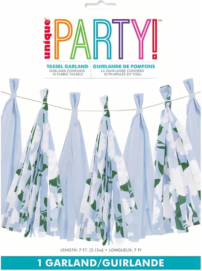 Charming Garden Party Fabric Tassel Garland - 7 ft. (1 Pack) - Elegant Plain Purple & Floral Design - Perfect for Garden Parties, Spring Celebrations, and Outdoor Events