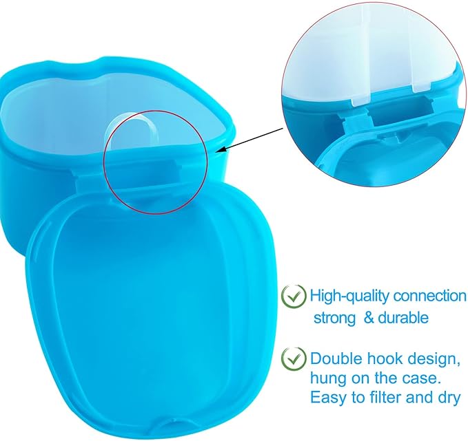 Keedolla Denture Bath Case with Brush, Strainer Basket & Lid – Waterproof, Portable, for Dentures & Mouthguards, 2-Pack, Purple & Blue