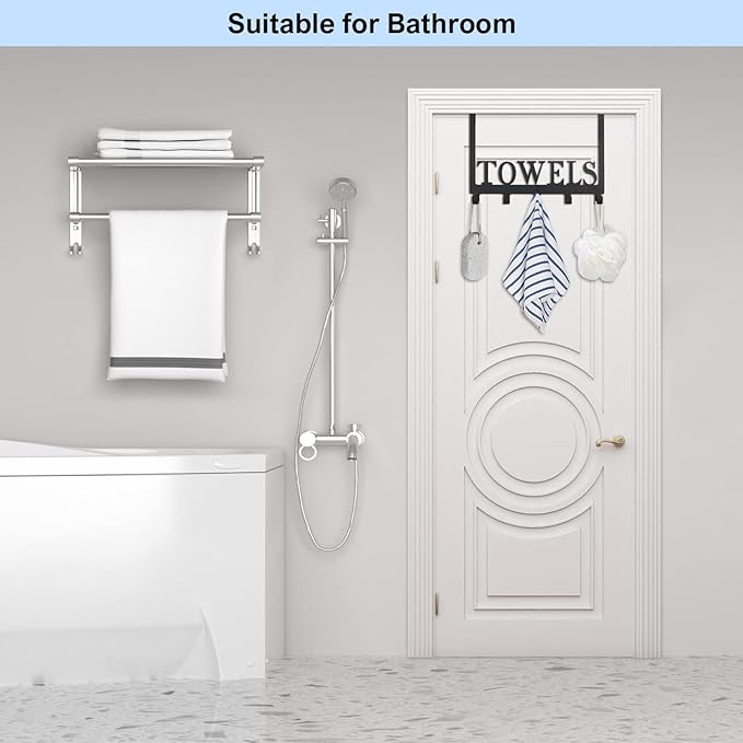 Over The Door Hooks, Towel Rack for Bathroom Towel Holder for Hanging Heavy Duty,Towel Hanger with 5 Hooks for Bedroom Bathroom Kitchen, Black