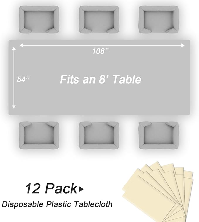 QIKSION Ivory Plastic Table Cloth Disposable 12 Pack, 54 x 108 Inch Beige Tablecloths for Party, Baby Shower, Harvest, Fall, Thanksgiving Decorations, Cream Rectangle Table Cover
