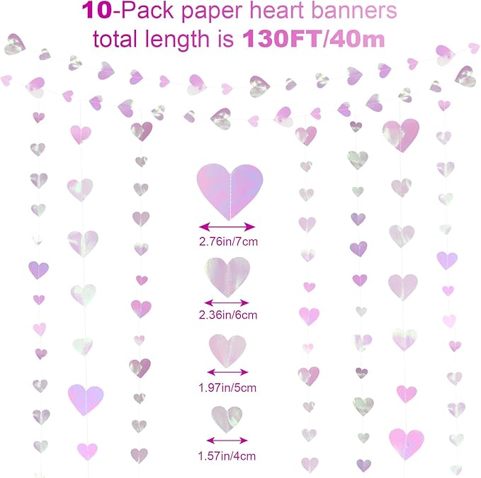 10 Pack 130ft Pink Holographic Heart Party Garland Asymmetrical Love Hanging Banners for Mothers Day Baby Shower Engagement Wedding Bridal Shower Decoration