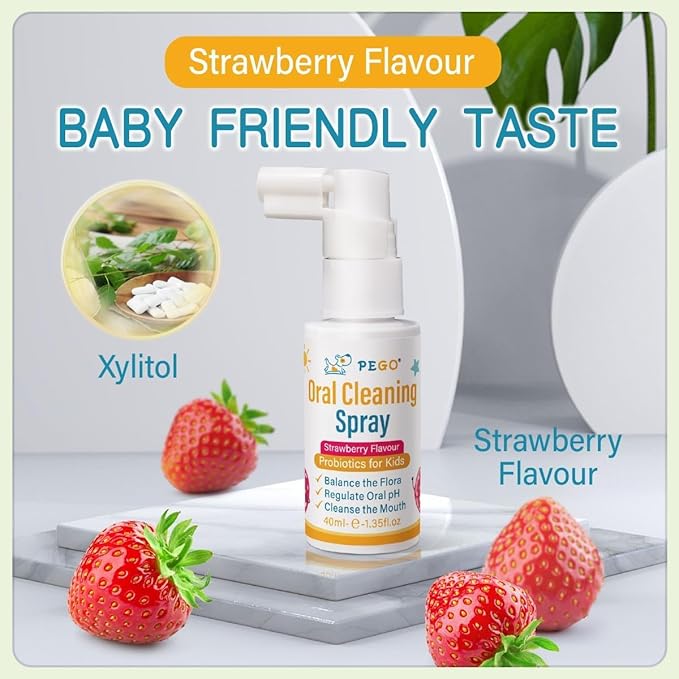 PEGO Kids Oral Spray-Toddler Toothpaste Helper for Fresh Breath, Fruit-Flavored, Probiotic Mouth Spray,Fluoride Free for Newborn to 12 Years (40ml*1, Strawberry)