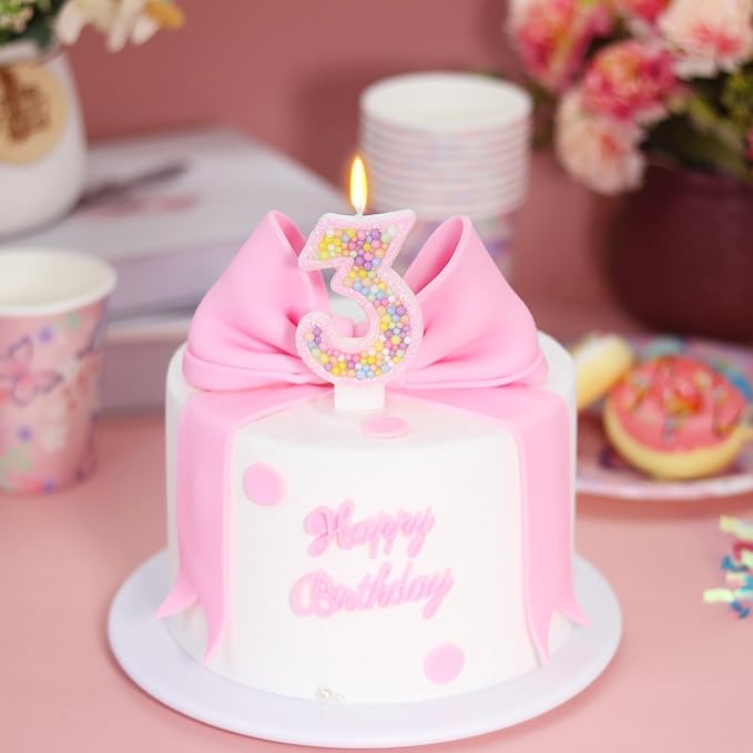 Birthday Candles for Girls - Number 3 Candle, Colorful Macaron Candles, 3 Cake Topper, 3rd Birthday Decorations for Girls, Pig Cartoon Theme Birthday Party Supplies (Pink)