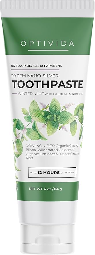 Optivida (Fluoride Free) Colloidal Silver (20ppm) Infused Xylitol Toothpaste for Adults & Kids. Anti-Cavity*, Anti-Plaque* Coral Toothpaste with Spearmint Oil for Gum Health & Teeth whitening - 4oz