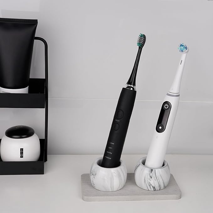 2 Pack Ceramic Toothbrush Holder with Diatomite Toothbrush Tray for Bathroom Shower Countertop Storage Organizer, Small Toothpaste Razor Electric Tooth Brush Head Stand (Grey)