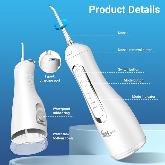 Cordless Water Dental Flosser Oral irrigator,JNGOODS 300ml Rechargeable Water flosser for Teeth IPX7 Waterproof 4 Modes Portable Oral Irrigator with 4 Jet Tips, Travel Home use (White)