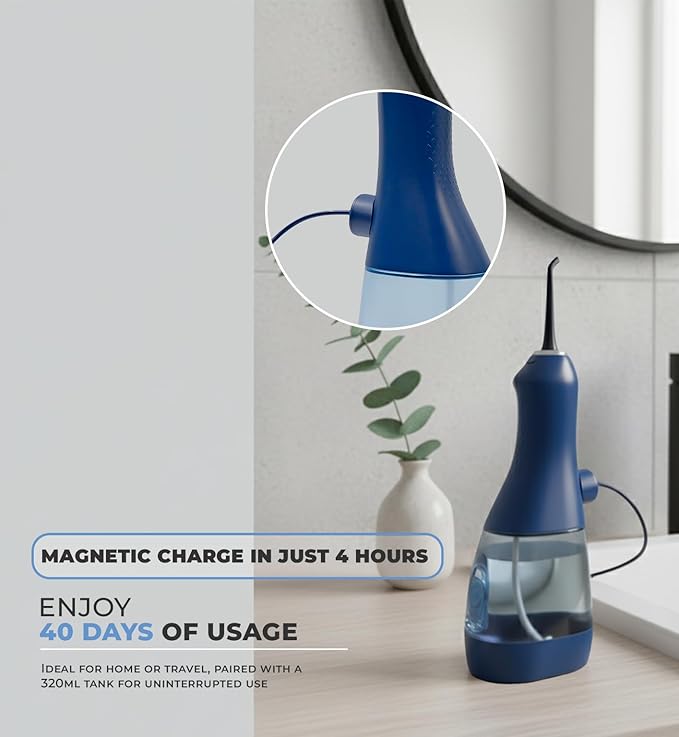 Dr. Aid Dental Water Flosser – Portable Oral Irrigator – 11Oz Tank, Water Filter, 5 Tips, Magnetic Charger – IPX8 Waterproof Cordless Water Flosser, Ideal Water Flossers for Teeth, Gums (Dark Blue)