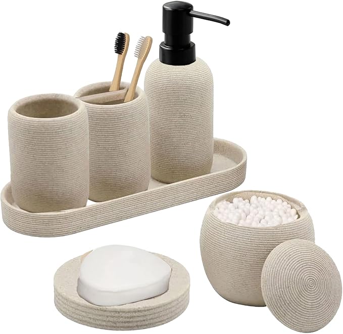 Bathroom Accessory Set - 6PCS Bathroom Accessories Set, Bath Vanity Countertop Accessories with Soap Dish, Lotion Dispenser, Toothbrush Holder, Toothbrush Cup, Vantiy Tray, Qtip Holder (Beige,Black)