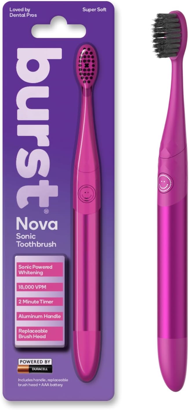 Burst Nova Toothbrush (Pink) | Sonic Powered Teeth Whitening | Super-Soft Bristles | 18000 VPM | 2 Minute Timer | Aluminum Handle | Replaceable Brush Head | Compact Size | with AAA Battery