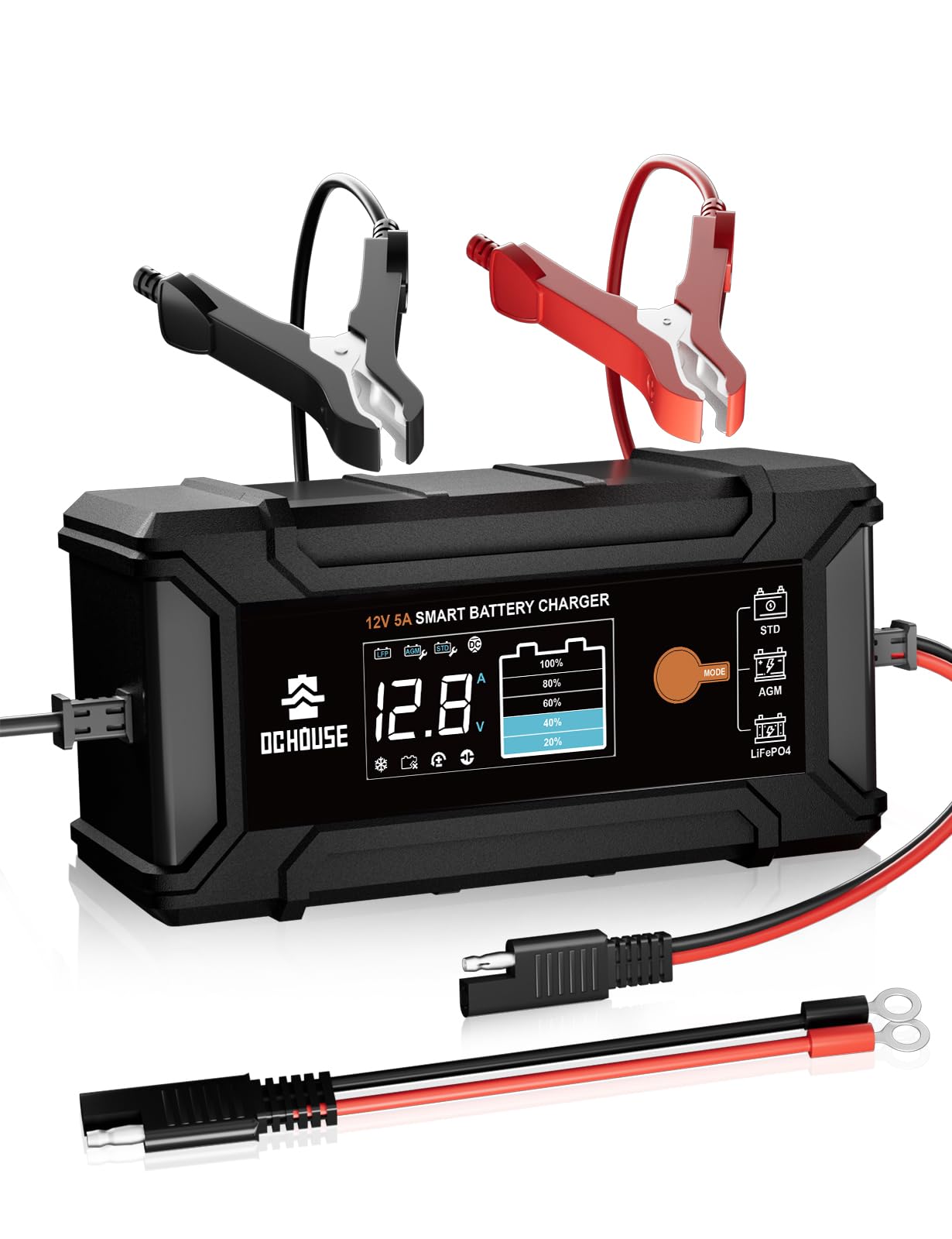 DC HOUSE 12V 5A Battery Charger, Smart LiFePO4 & Lead Acid Charger, Trickle Charger Maintainer & Desulfator for Car, Motorcycle,