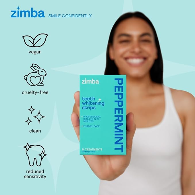Zimba Mint & Peppermint Teeth Whitening Strips for Teeth Sensitive, White Strips for Teeth Whitening, Teeth Whitener Stain Remover 28 White Strips Included Per Pack, 2 Pack (14 Day Treatment)