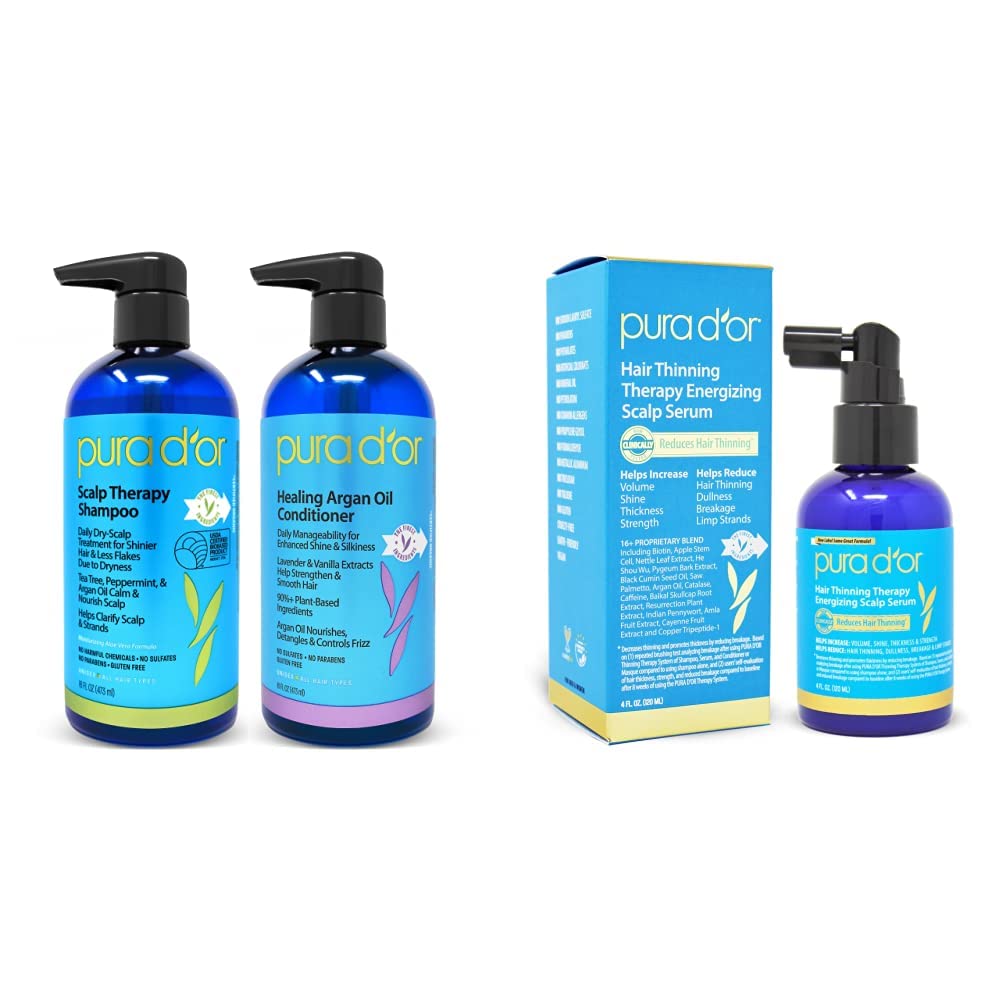 PURA D'OR Scalp Therapy Shampoo & Healing Conditioner Set For Dry & Nourishes Hair with Tea Tree & Scalp Therapy Energizing Scalp Serum Revitalizer with Argan Oil, Catalase & DHT Blockers