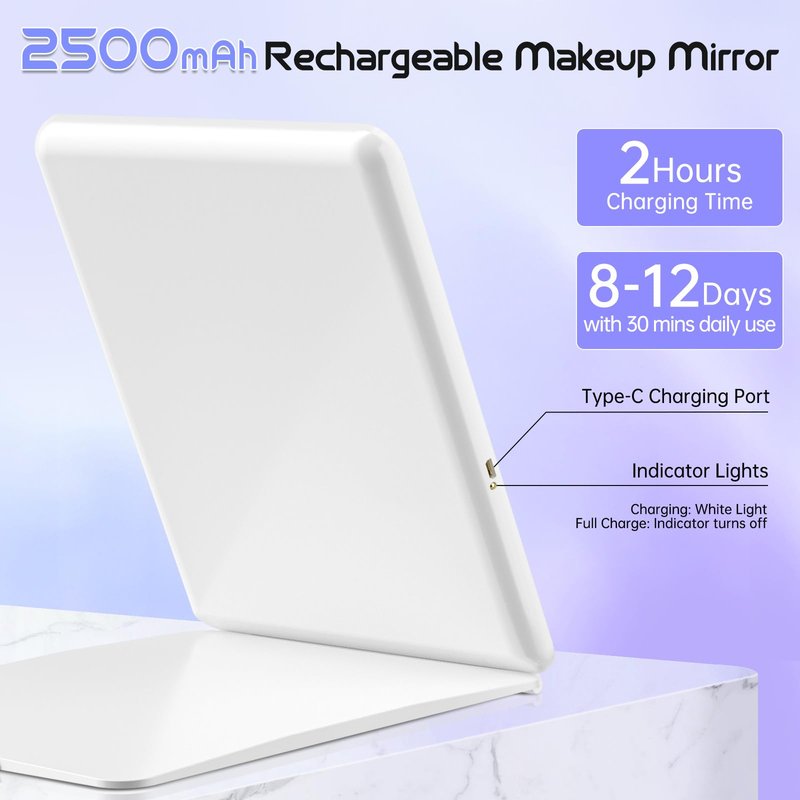 FUNTOUCH Large Rechargeable Travel Makeup Mirror with Light, 2500mAh Portable Makeup Mirror with 10X Magnifying Mirror 3 Lighting Modes, Dimmable Touch, Tabletop Folding Travel Mirror with Storage Bag