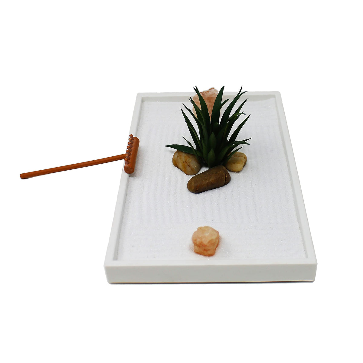 Nature's Mark Mini Zen Garden Kit for Desk with White Sand, Rake, White Base, Salt Rock and Air Plant (Rectangle)