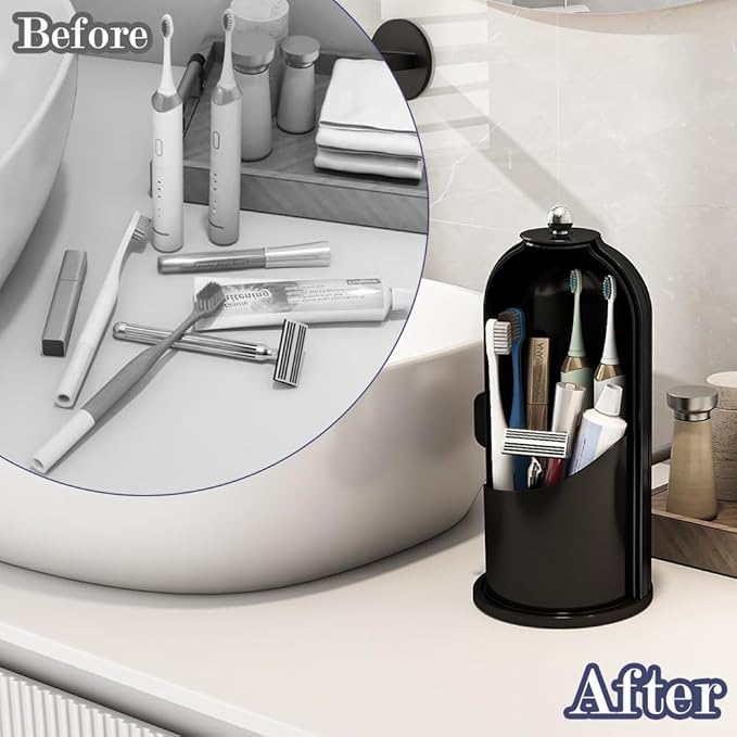 Dustproof Toothbrush Holders with Cover, Rotating Electric Toothbrush and Toothpaste Holder for Bathroom Countertop, 3 Slots Makeup Brushes Organizer, Solid Black