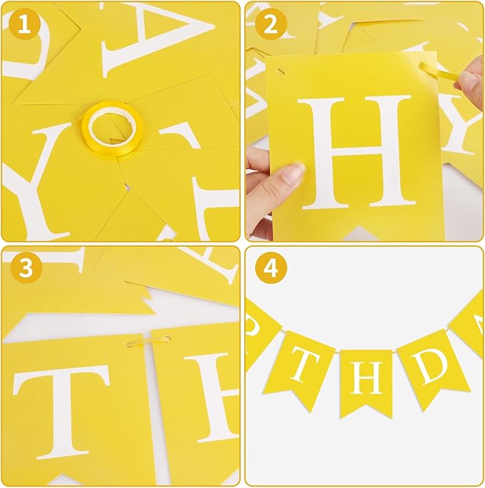 Yellow Birthday Banner Sign Happy Birthday Bunting Banner Garland for Kids Girl Woman Tea Party Decorations