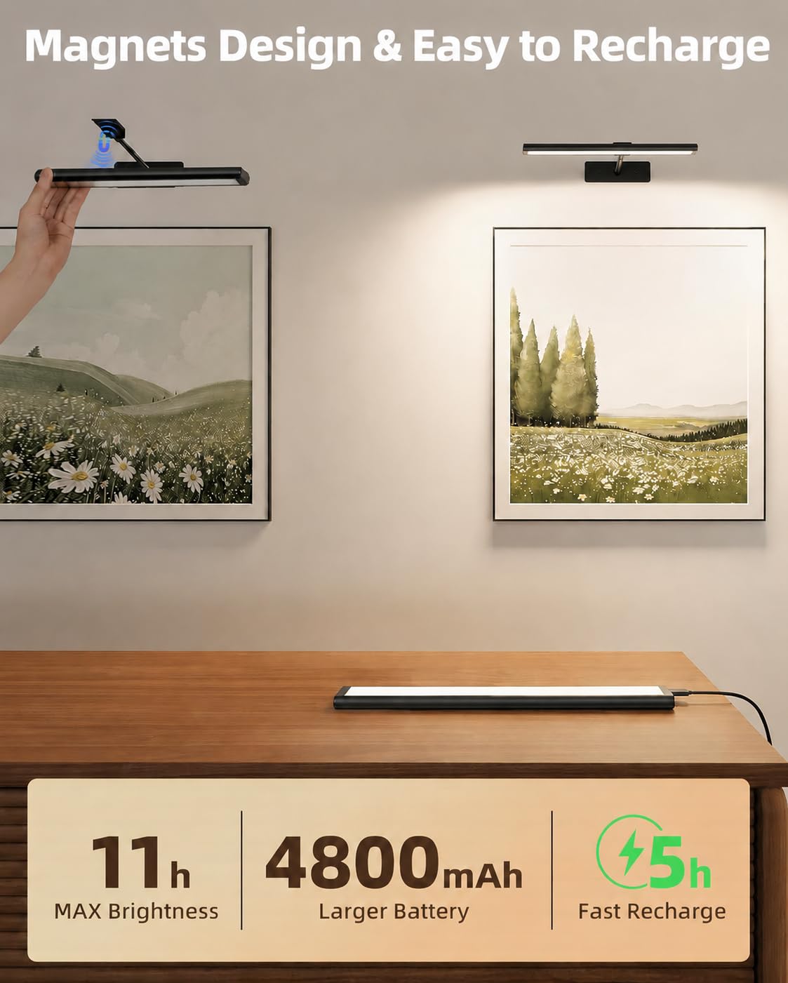 EZVALO Picture Light for Wall, 13'' Black Rechargeable 4800mAh Battery Lights Wireless with IR Remote, Magnetic LED Art Painting Light with 3 Color Temperatures, Display for Gallery, Living Room
