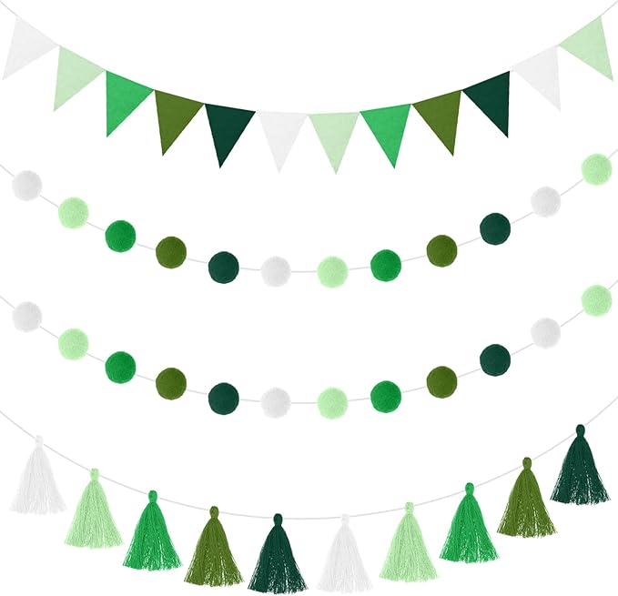 Irenare 9.8ft Pom Pom Garland Felt Rainbow Garland Graduation Party Decoration Colorful Pennant Tassel Banner Birthday Baby Shower Triangle Banner for Classroom School Mantel Fireplace(Gradient Green)