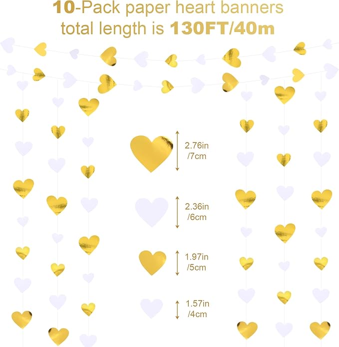 10 Pack 130ft White-Gold Holographic Heart Party Garland Asymmetrical Love Hanging Banners for Wedding Engagement Anniversary Bachelorette Bridal Shower Birthday Decoration