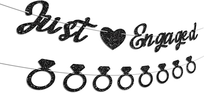 Just Engaged Banner, No DIY, Glitter Black Engagement Party Decorations and Diamond Ring Banner Sign for Bridal Shower Wedding Shower Bachelorette Party Decorations.