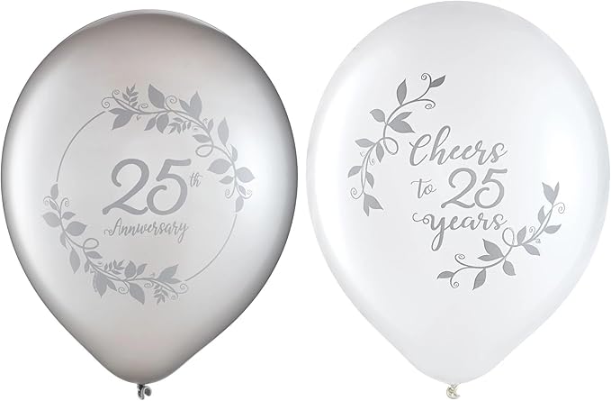 Happy Anniversary Latex Balloons (Pack Of 15) - 12" - Elegant Design, Perfect for Celebrations, Special Occasions, Events, Parties, & More, 25th, Silver & White