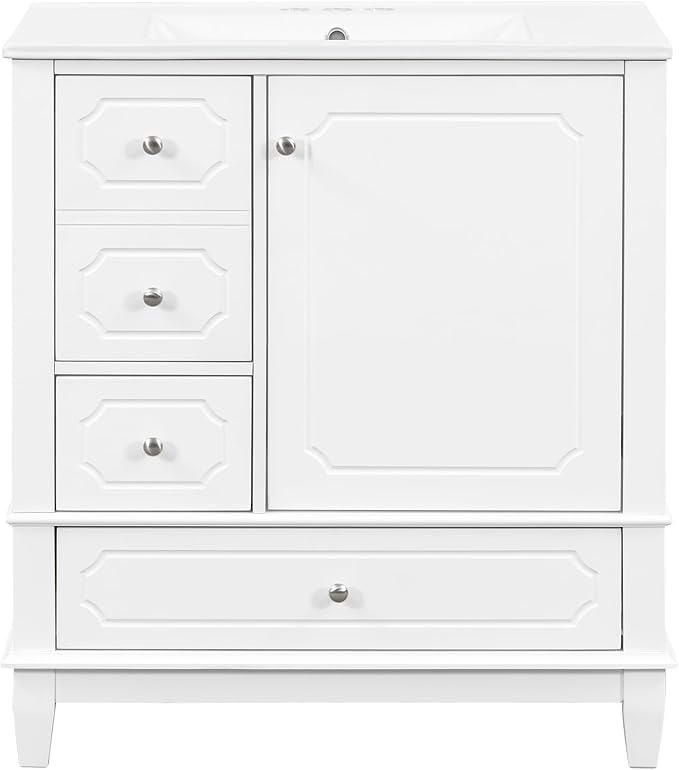 Bathroom Vanity with Ceramic Sink 30 inch, Multi-Functional Storage Cabinet with Drawers and Door Shelf, Solid Wood Frame, Soft-Closing Door, White