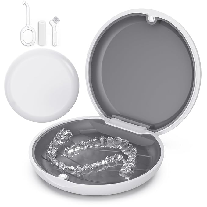 Retainer Case, Slim Aligner Case Compatible with Invisalign, Cute Retainer Box with Silicone Pad, White