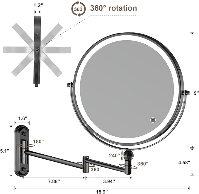 9" Wall Mounted Makeup Lighted Mirror, 4000mAh Rechargeable Double Sided LED Vanity Mirror with Height Adjustable&1X/10X Magnification, 3 Color Lights Touch Screen Dimmable 360°Swivel Bathroom Mirror