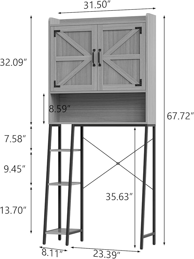 Vabches Over The Toilet Storage Cabinet, Farmhouse Storage Cabinet Over Toilet with Barn Doors & Toilet Paper Holder Stand，Home Space-Saving Toilet Rack, for Restroom/Laundry and Bathroom
