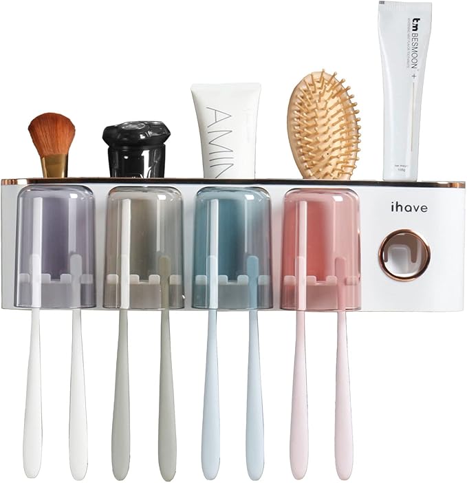 iHave Toothbrush Holders Bathroom Accessories with Toothpaste Dispenser, 4 Cups Toothbrush Holder Wall Mounted Bathroom Decor