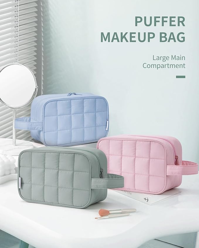Narwey Puffy Travel Toiletry Bag for Traveling Women Girl, Travel Bag for Toiletries, Cute Travel Makeup Bag Organizer, Quilted Cosmetic Bag Make Up Skincare Medicine Bags