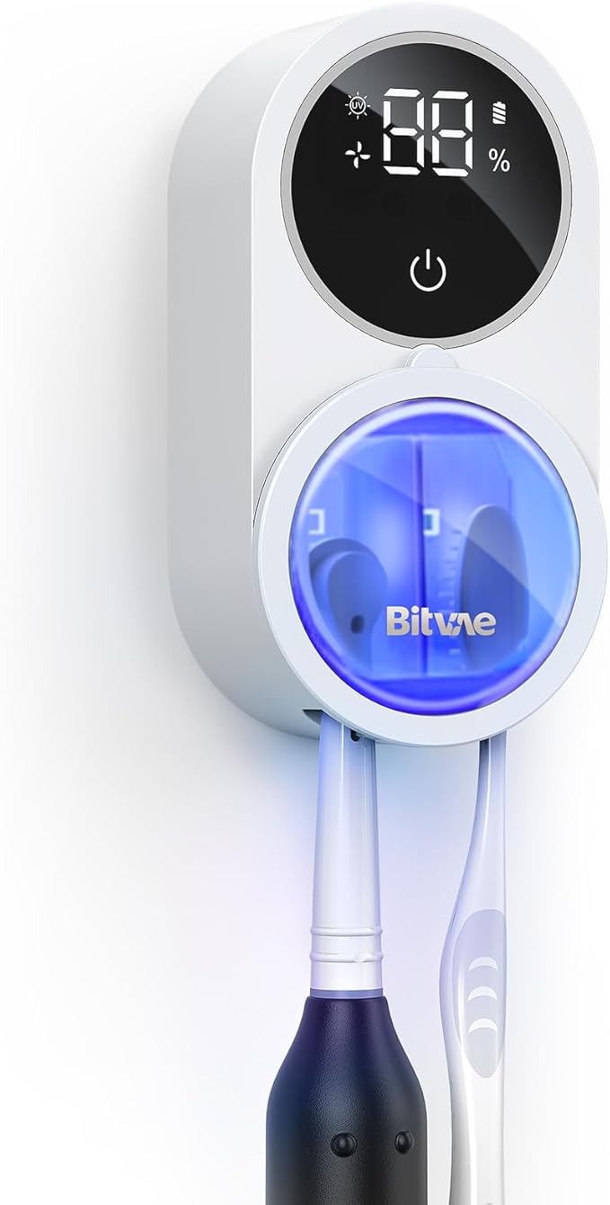 Bitvae Toothbrush Cleaner & Toothbrush Holder, Cleaning and Air Drying, LED Smart Screen, Rechargeable Wall Mount Toothbrush Holder for Bathrooms