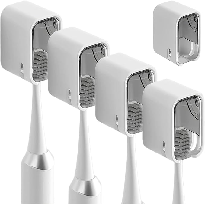 4 Pack Covered Toothbrush Holders, Adhesive Mount Wall Toothbrush Holder for Electric/Manual Toothbrushes, Grey