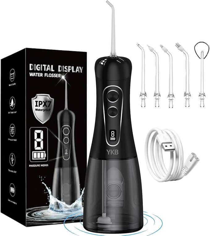 YKB Water Flosser for Teeth, 400ml 8 Modes Portable Water Flosser Cordless with Digital Display, Travel Water Oral Irrigator for Teeth Cleaning & Oral Care Rechargeable IPX7 Waterproof (Black)