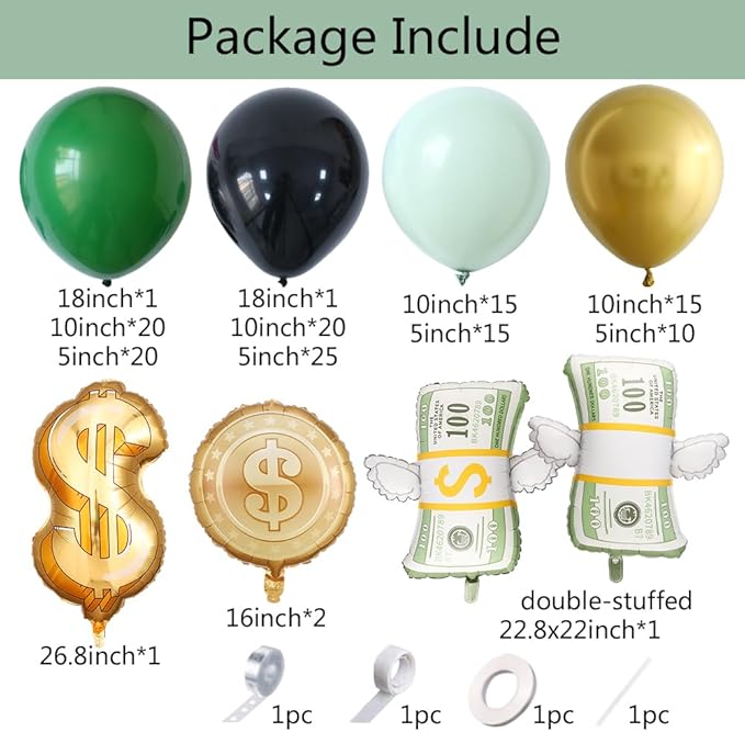 150Pcs Dollar Balloon Arch Kit, Green Metallic Gold Black Balloons with Dollar Foil Balloons for Birthday Money Theme Casino Anniversary Poker Night Party Decorations