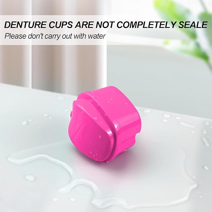 Denture Cup Retainer Cleaning Case False Teeth Soaking Container with 2 Brushes, Dental Retainer Cup Holder Case Denture Soaking Storage Box Case - White & Rose Red