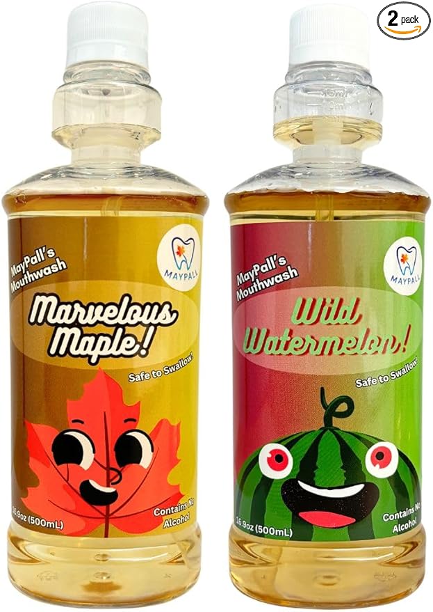 Maple and Watermelon Flavored Kid's Mouthwash, Safe to Swallow, Natural, Promotes Healthy Teeth, Gentle Taste, No Burn, Fluoride Free, Alcohol Free, 16.9oz (Pack of 2).