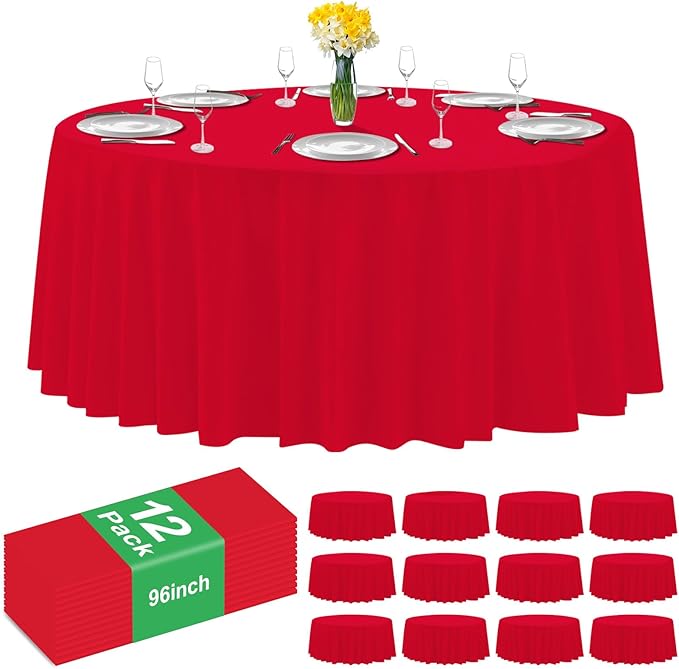 12 Pack Premium Red Plastic Table Cloth -96 Inch Round Tablecloth, Disposable Tablecloth Plastic Table Cover for Parties (12, Red, 96" Round)