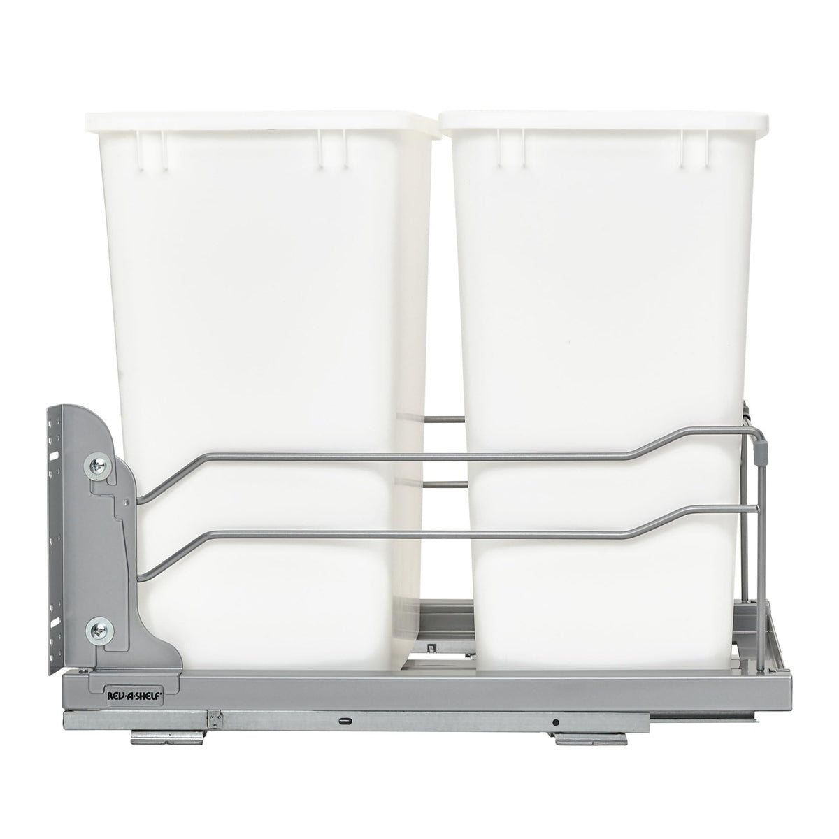Rev-A-Shelf Double 35 Qt Pullout Trash Cans with Soft-Close for Under Kitchen Cabinets, Min Opening Width of 14.5", White, 53WC-1835SCDM-211