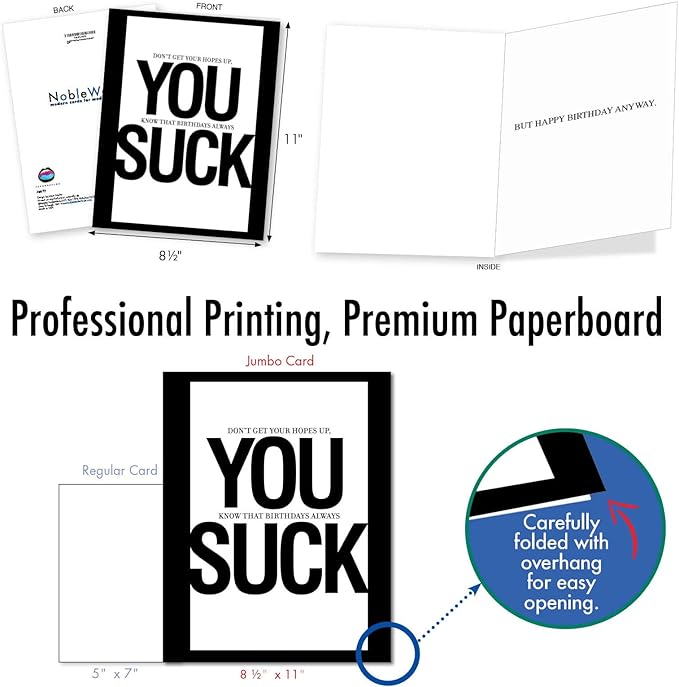 NobleWorks - Extra Large Funny Birthday Greeting Card 8.5 x 11 Inch with Envelope (1 Pack) Oversize Jumbo Bday You Suck J8677