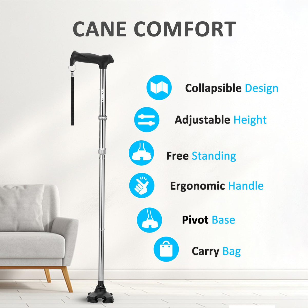 REHAND Walking Cane for Men & Women - Foldable, Adjustable, Lightweight, Self Standing Pivot Walking Cane, Soft Handle Grip, with Travel Bag, Walking Sticks for Seniors & Adults (Sliver)