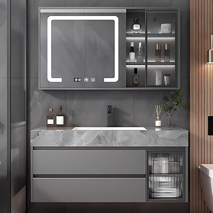 Gray 48IN Modern Bathroom Vanity - Wall-Mounted Bathroom Storage Cabinet & Bathroom Vanity with Sink, Bathroom Medicine Cabinet Wall Mounted, Defogging & Led Lighting | Bathroom Cabinet Slim