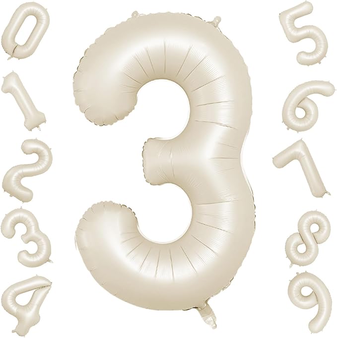40 Inch Cream Number 3 Balloon, Beige Large 3rd Birthday Balloons, Digital 3 Cream White Giant 3 Foil Balloon Helium for Boys Girls 3rd Birthday Decorations Anniversary Baby Shower Party Supplies