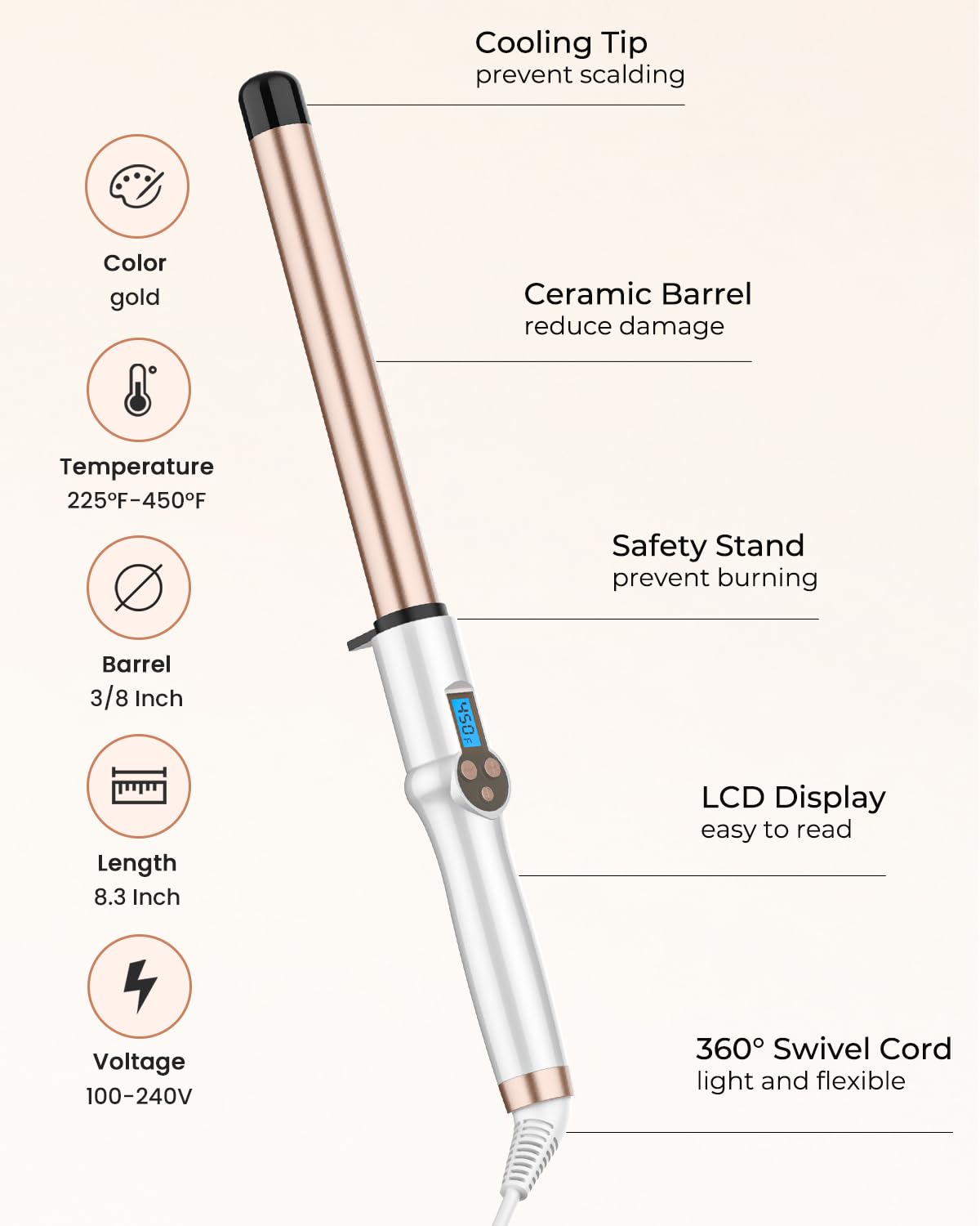 1 Inch Extra Long Barrel Curling Wand, Ceramic Tourmaline Curling Wand Professional Dual Voltage with Adjustable Temperature